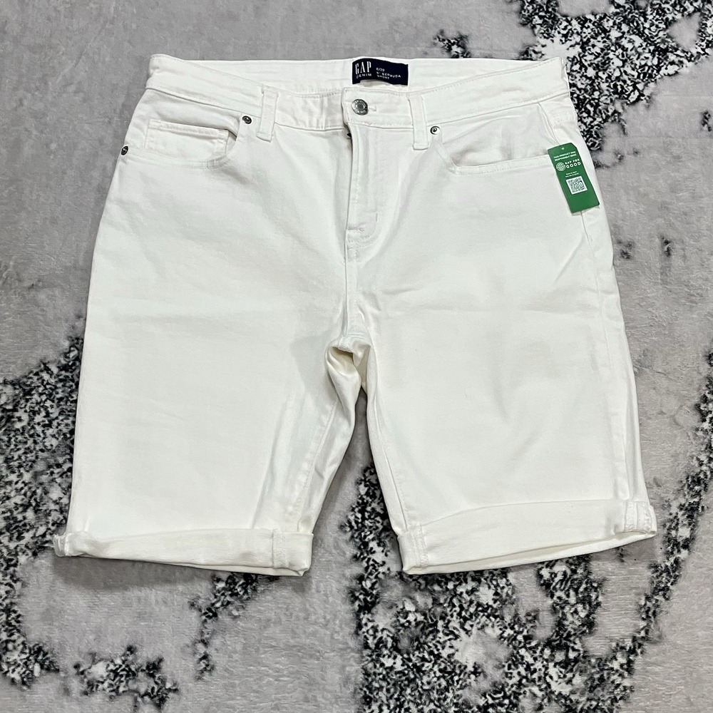 Gap Denim 9 Inch Bermuda Shorts White Womens Size 8 29 Mid Rise Cuffed Hem